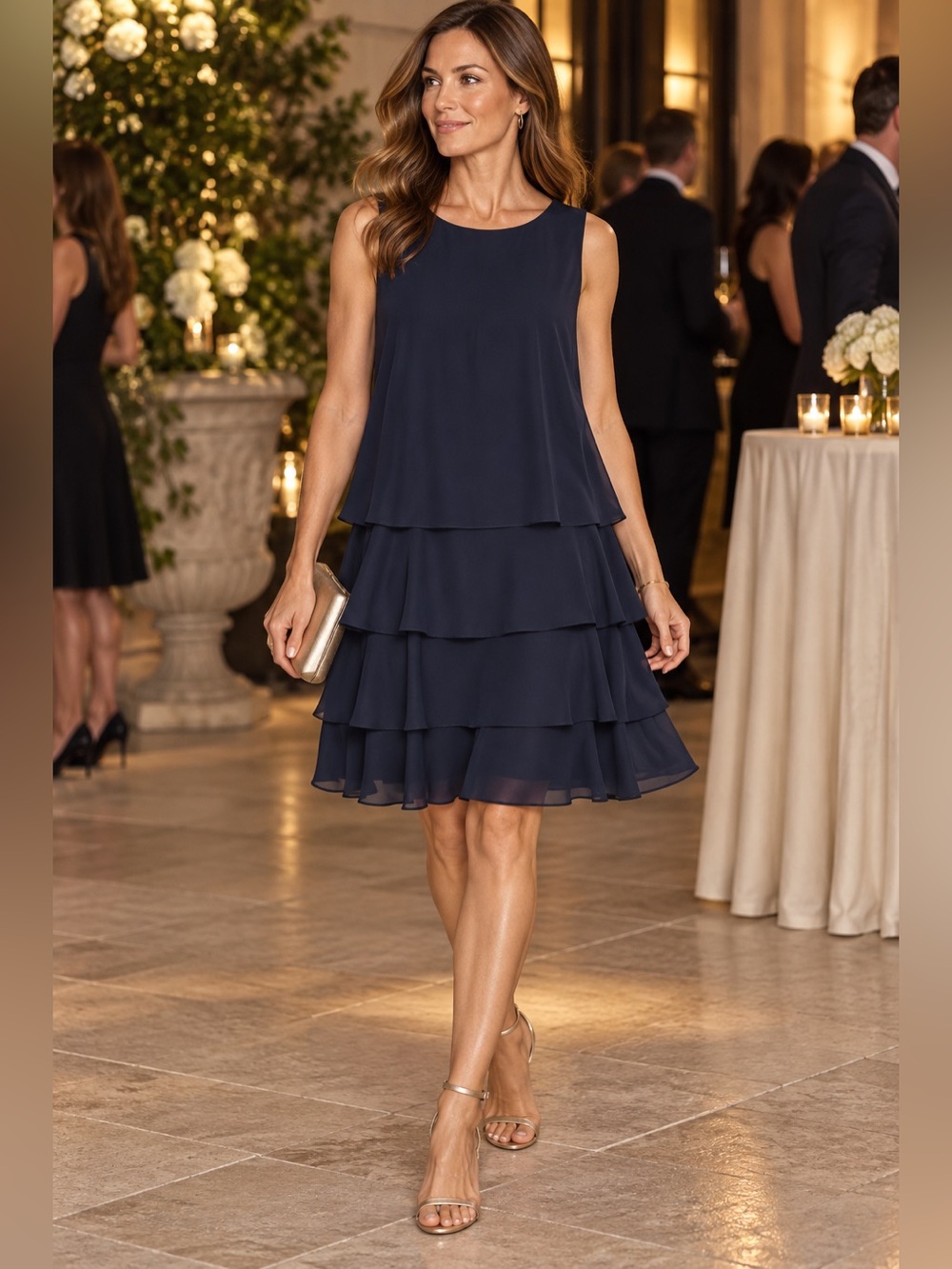 Lauren Ralph Lauren Dress 10 Navy Tiered Ruffle Chiffon Sleeveless NWT $135